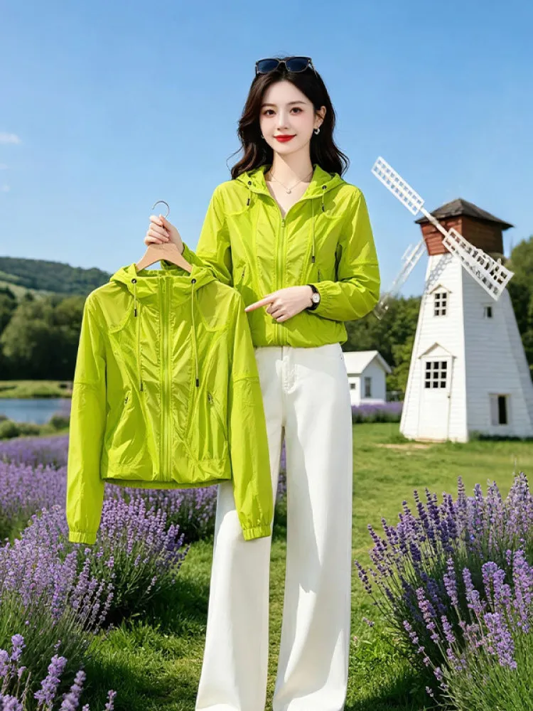 

Green Hooded Jacket Women's Summer Breathable Sun Protection Open Cardigan Coat Commute Style Loose Fit Long Sleeve