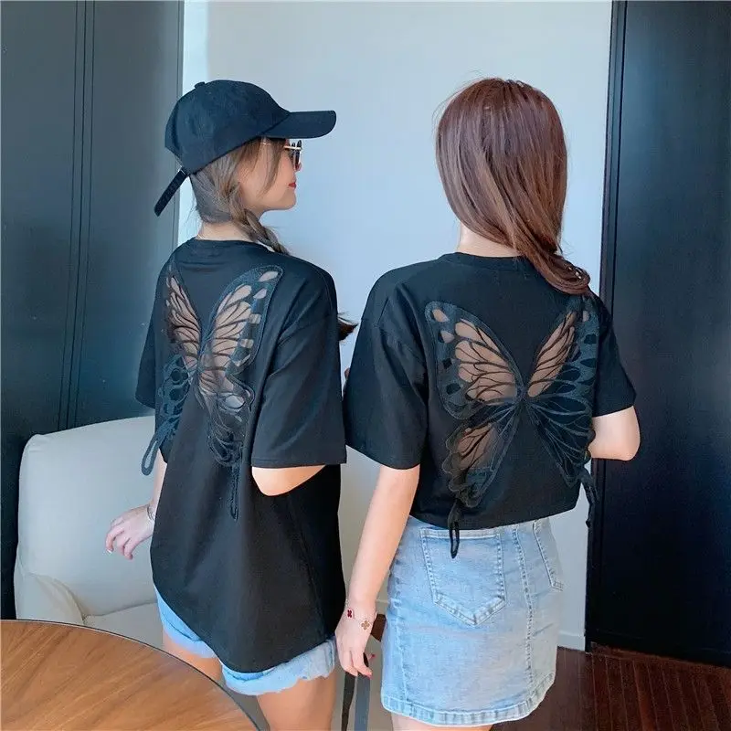 Summer Cotton Short Sleeve Women T Shirt Butterfly Wing Embroidery Back Hollow Out Loose Oversized Tops Tee Sisters Outfit Black