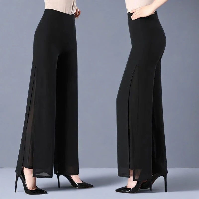 Summer 2026 Women's High Waist Wide Leg Pants Double Layer Silk Chiffon Drapey Asymmetrical Hemline Loose Fit Casual Trousers