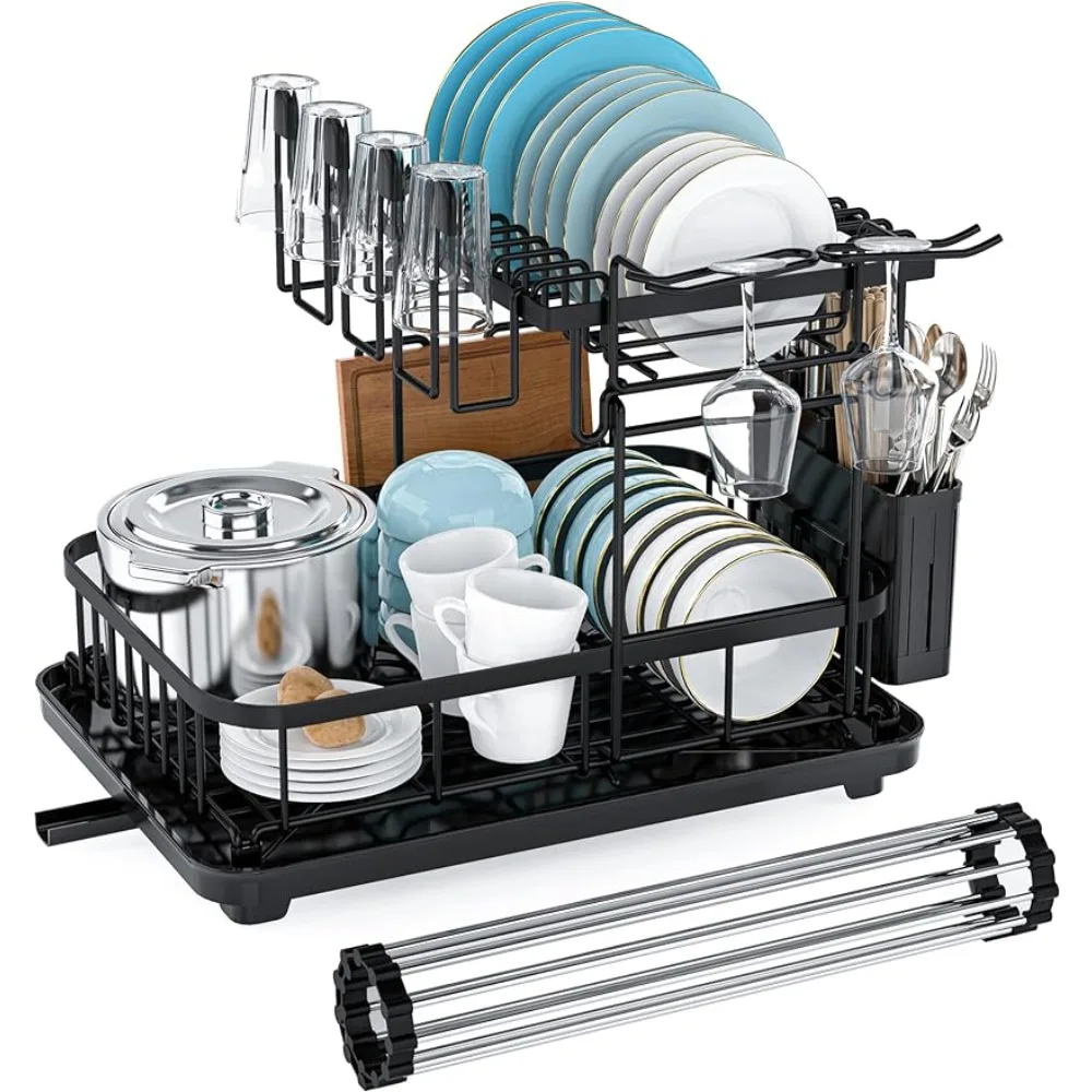 

Dish Drying Rack and Drainboard Set, Large Dish Racks for Kitchen Counter, 2 Tier Dish Strainers Black Drainer Easy To Install