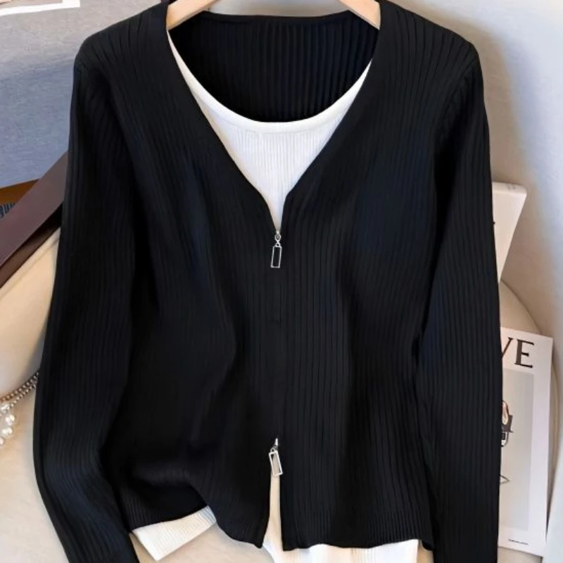 

Spring Summer New Fake Two Pieces Knitwear Long Sleeve Design Sense Slim Fit Slimming Youthful-Looking Casual Top for Women