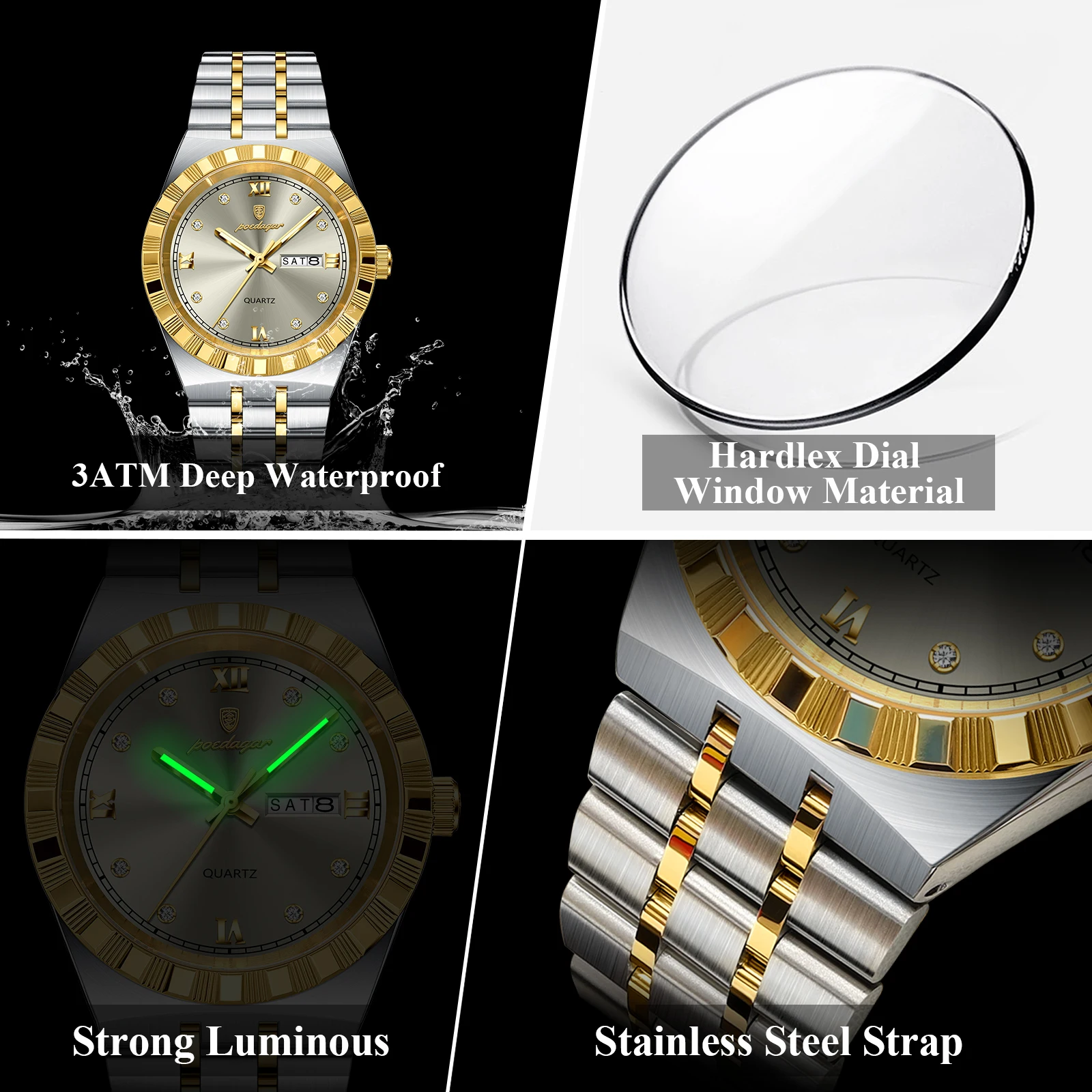 Poedagar marca de luxo relógios masculinos à prova dwaterproof água aço inoxidável relógio luminoso masculino semana data moda masculino quartzo relógio pulso reloj
