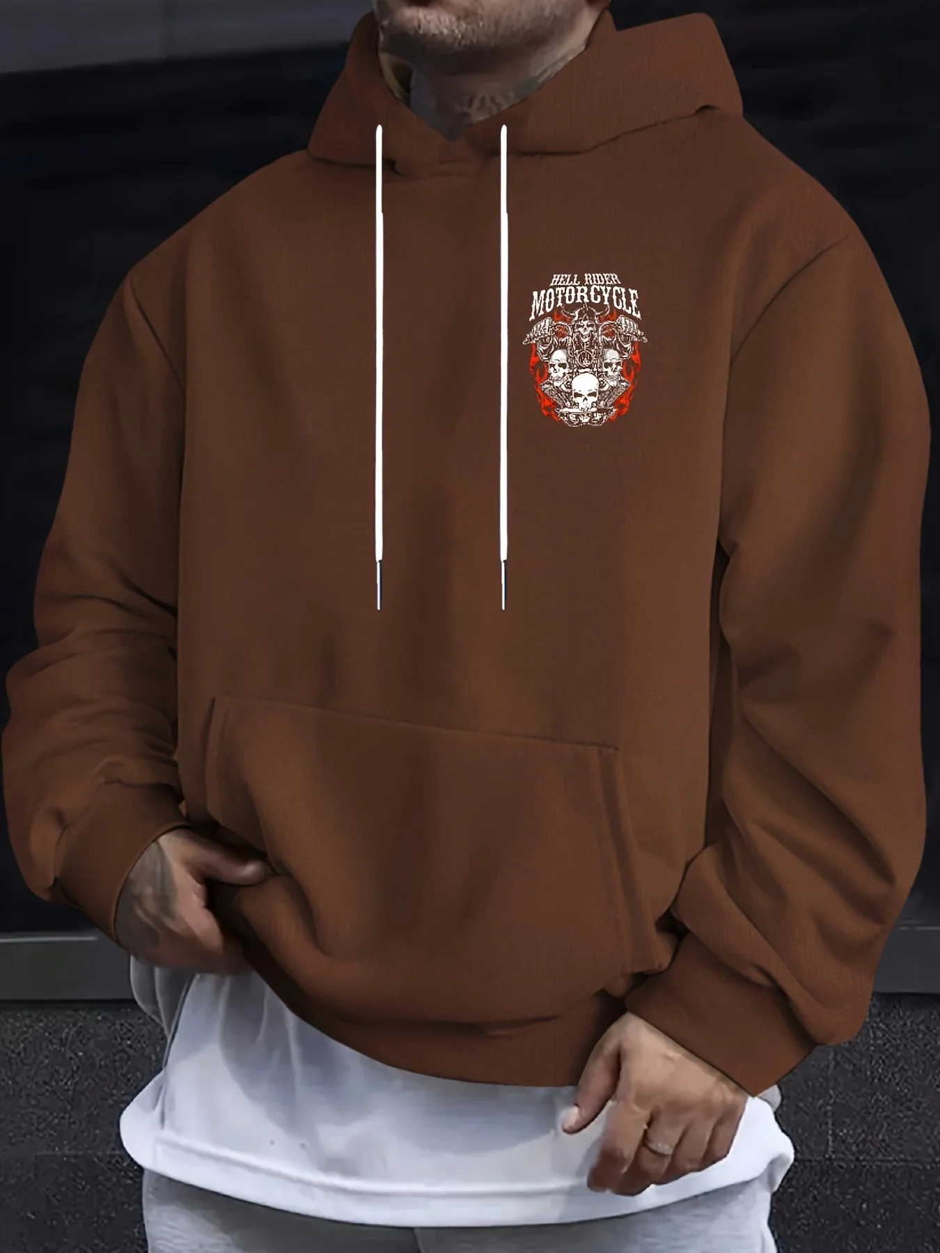 New Autumn/Winter Men's Hooded Sweatshirt with Skull and Flame Print Comfortable and Loose Fit Street Style and High-Street Chic
