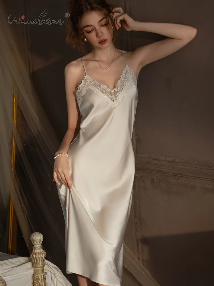 Winsleter-Women Sexy Suspender Strap Nightgown, V Neck Lace, French Simplicity Long Bride Pajamas, 2025 Summer Autumn P57035CC