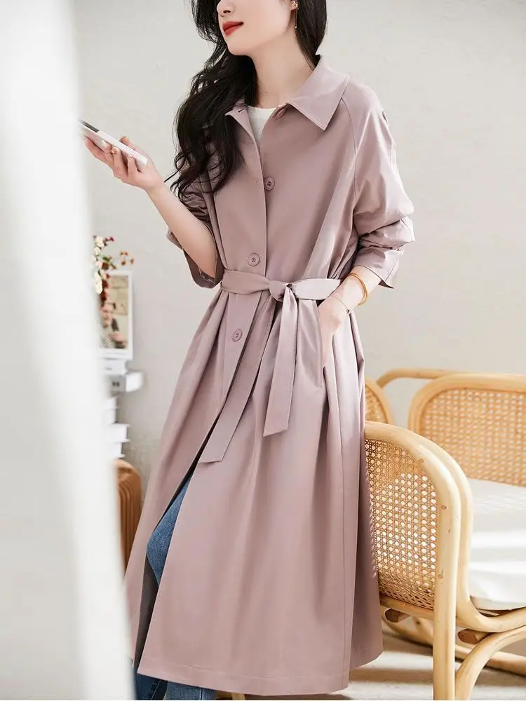Classic Audrey Hepburn Style Long Coat for Women 2026 Spring/Autumn New Fashion Trendy Loose Buckle Slim High-Quality Outerwear