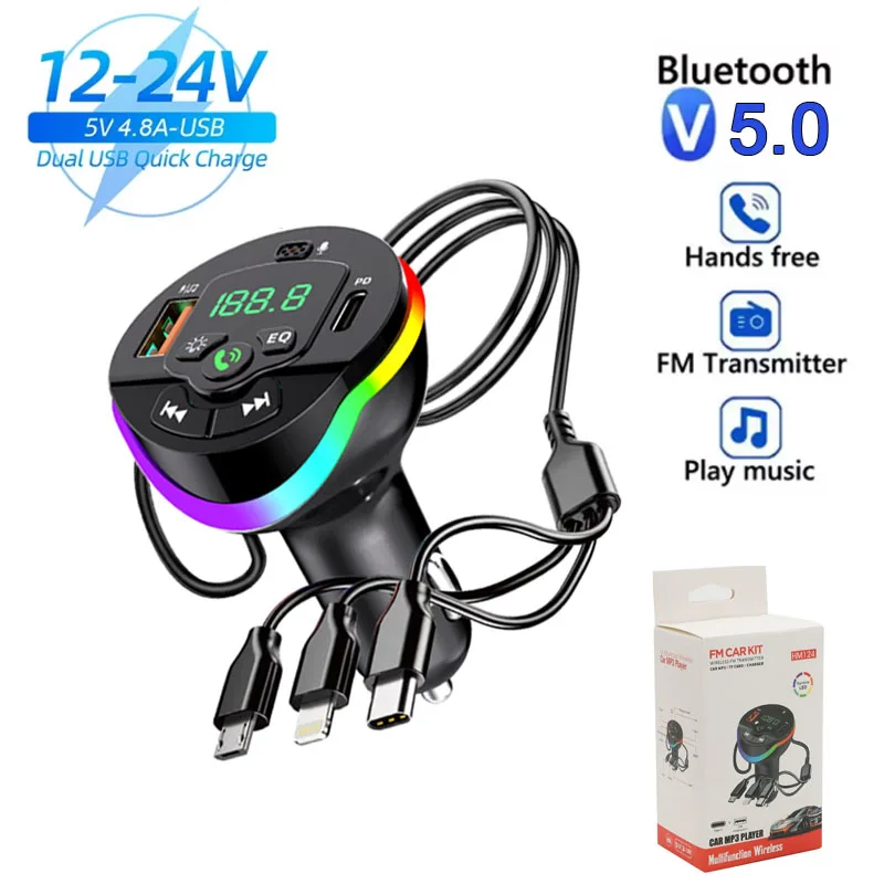 Bluetooth Car FM Transmitter PD USB Car Adapter 5 port  Fast Charger Handsfree Radio Modulator MP3 Player For IPhone Huawei