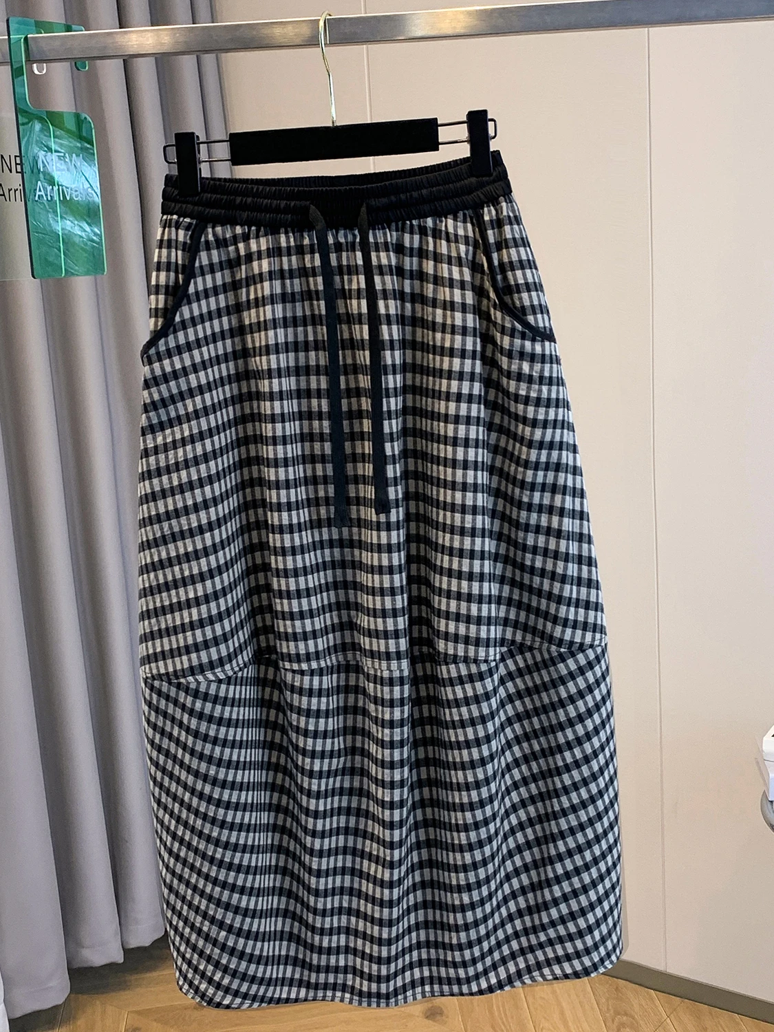 2025년 여름 체크무늬 벨트 탄력 허리밴드 다용도 미디 스커트 플러스 사이즈 여성 레트로 슬림 A라인 스커트 캐주얼 면 혼방