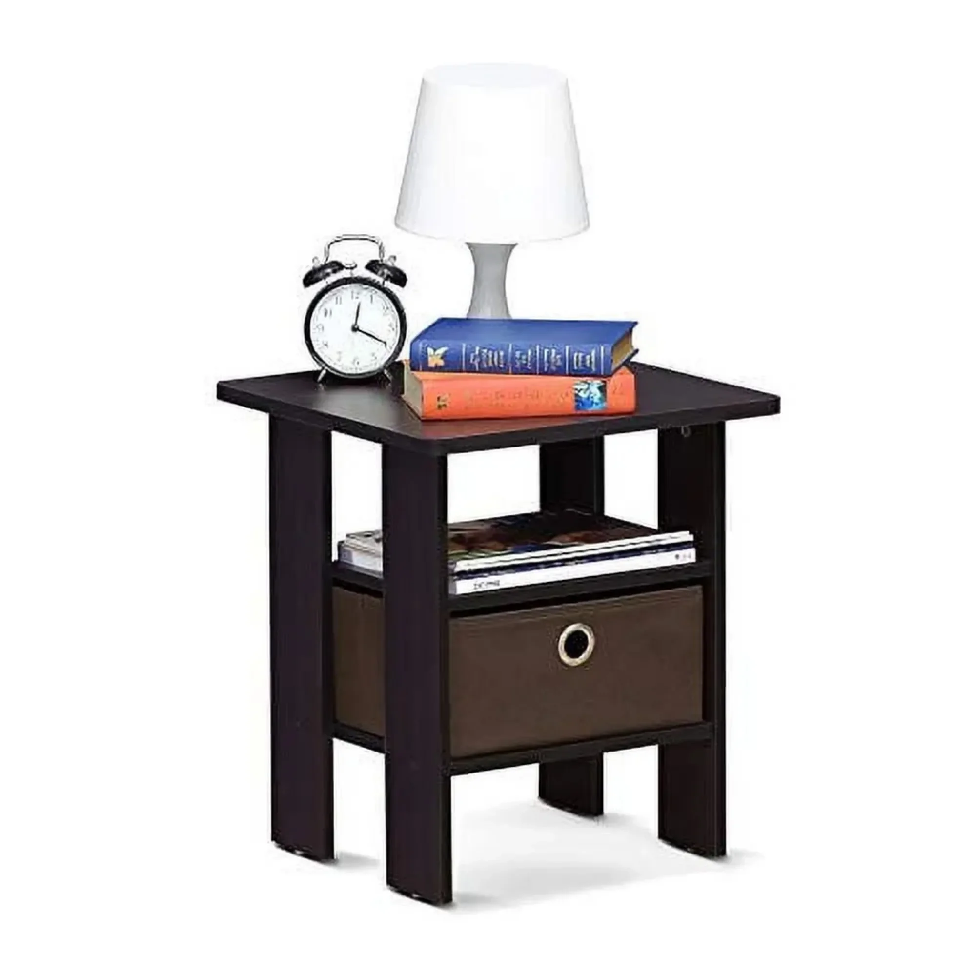 Dark walnut side table with drawers, a compact side table with storage boxes and shelves, suitable for small spaces