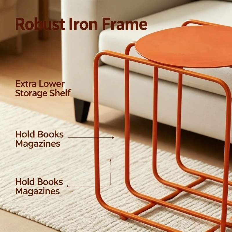 Side Table Round Metal with Storage Shelf, Iron Frame Sofa End Table, Modern Accent Table for Living Room Balcony