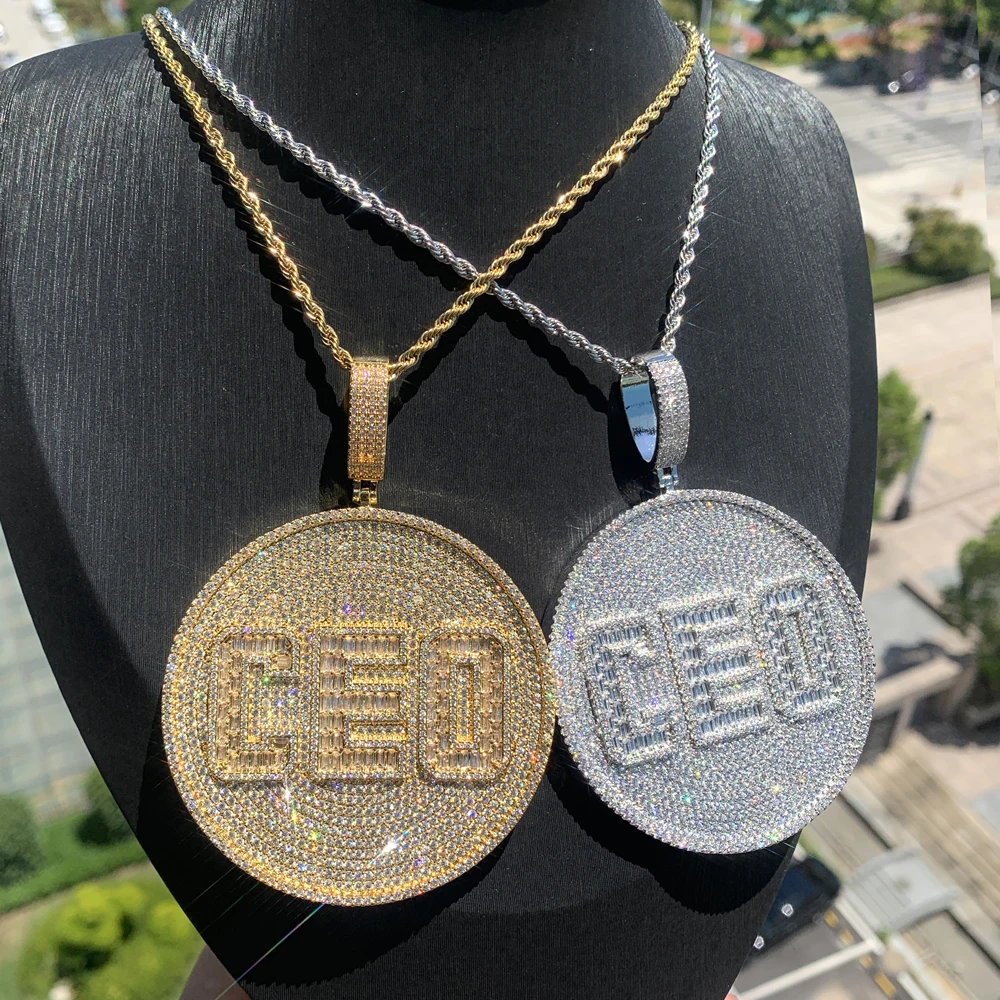 Wholesale Round CEO Initial Pendant Necklace Micro Paved Bling 5A Cubic Zirconia Hip Hop Jewelry Iced Out Cz Jewelry for Man