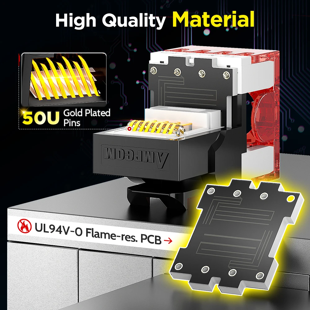 AMPCOM Cat6 RJ45 UTP Keystone Jack 180 Degree Punch Down Type, 50U Gold Plated Network Plug Module Connector for Office, Home