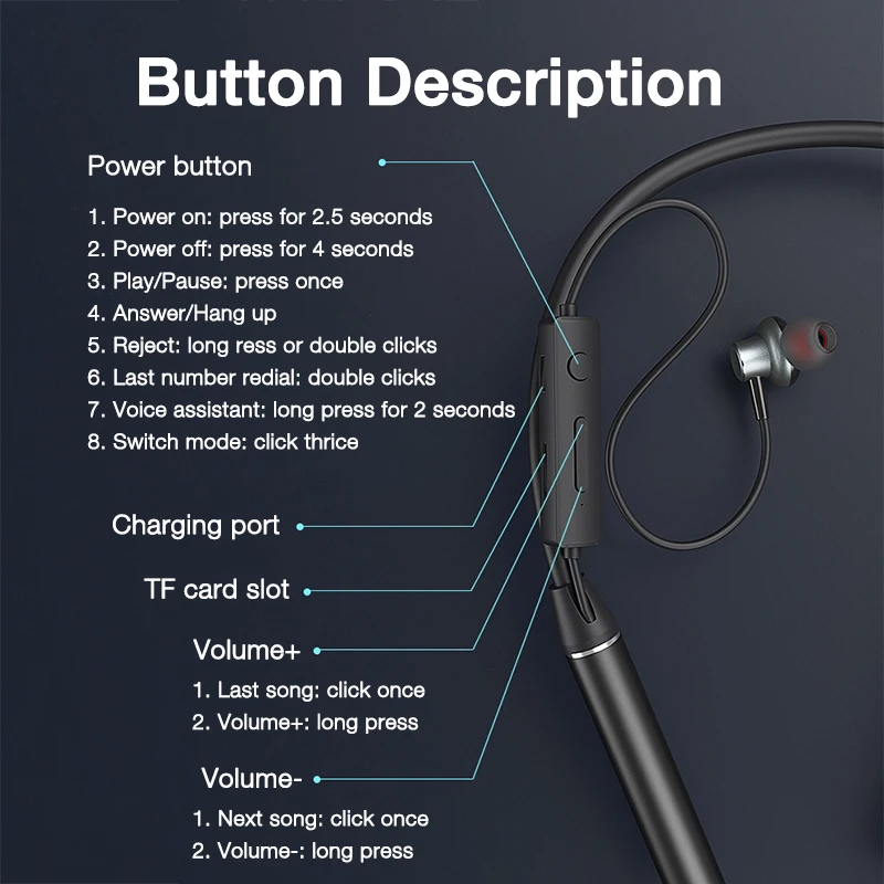 80 Hours Endurance Bass Bluetooth Headset With Microphone Stereo Neckband Headset Sports Headset TF Card