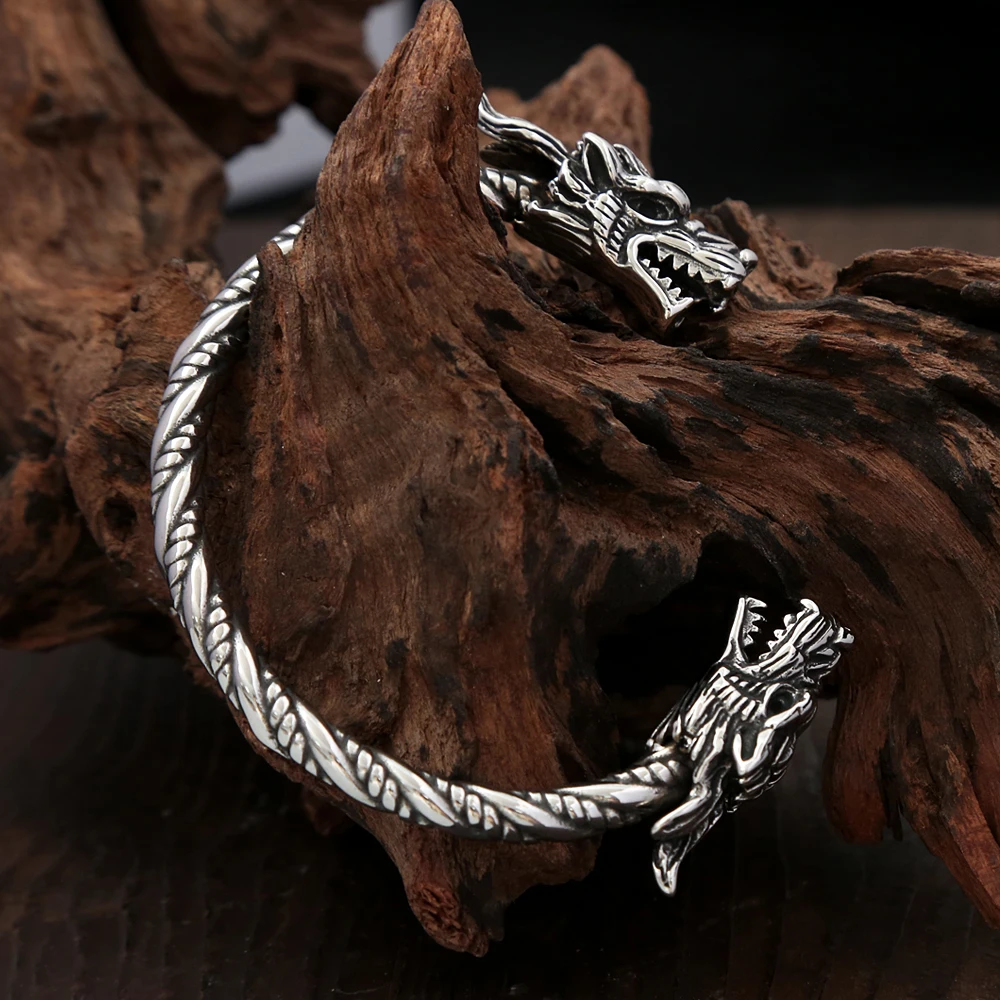 

Vikings Stainless Steel Double Dragon Bracelet For Men Women Punk Fashion Wristband Cuff Bangles Classic Vintage Animal Jewelry