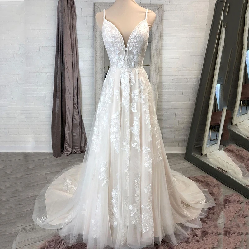 

Elegant Light Champagne Wedding Dress A-Line Lace Decal Elegant Women V-Neck Sleeveless Beaded Wedding Gownes Official store