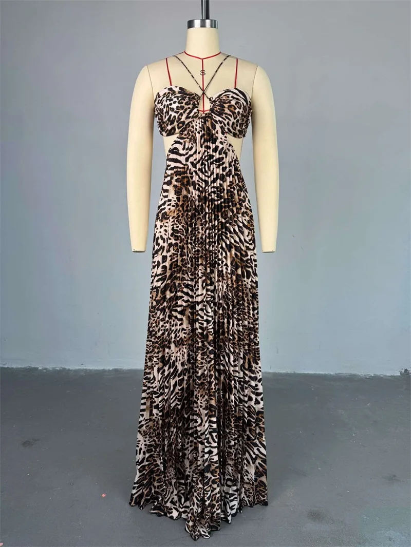 Leopard Print Women Prom Dress Sexy Stripe Hollow Sleeveless Lace Up Back Long Party Gown Formal Casual Prom Beach Holiday Robe