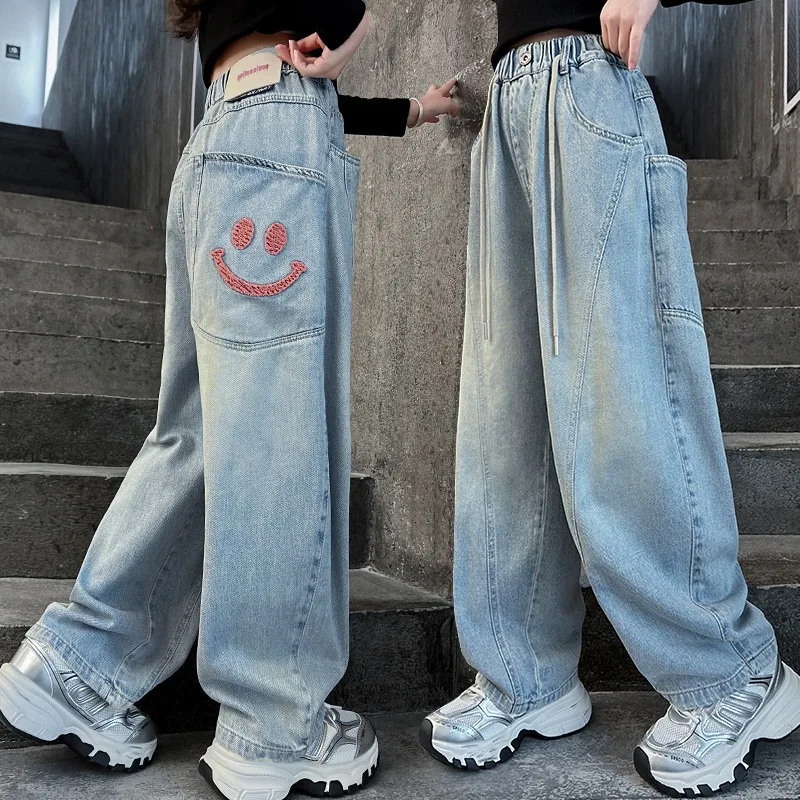 

Spring Autumn Girls Pants 4-14 Years Children Casual Loose Jeans Embroidery Little Girls Denim Wide-leg Pants