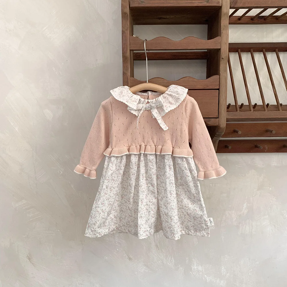 

Spring and Autumn Baby Girls and Toddlers Sweater Dress Fashion Knitting Splicing Floral Printing Long Sleeve Knitwear Dresses