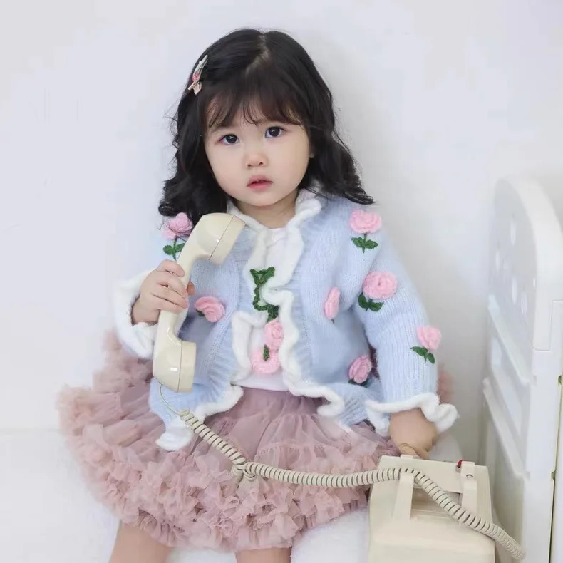 Baby Girls Knitted Cardigan Sweater, 2026 Autumn Winter New, Nordic Ins Style Hand Embroidered Lovely Floral Kids Outerwear