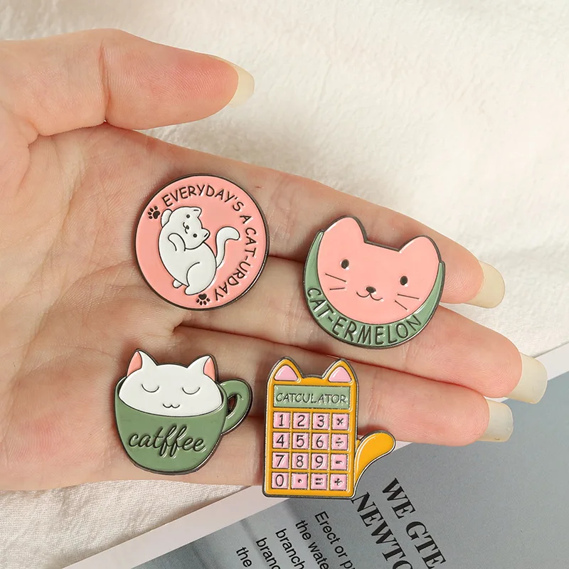 Cartoon Cat Enamel Pins Badges Calculator Coffee Cup Brooches for Women Cute Animal Lapel Pin Bags Anime Jewelry Gifts Wholesale