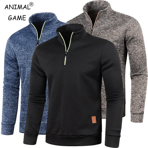 Imagen 1 del producto Sudaderas con media cremallera para hombre, jersey de manga larga de Color sólido, ropa de calle con cuello alto, chaqueta cálida de invierno, abrigos deportivos, otoño