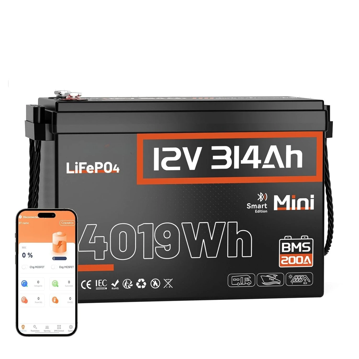 

12V 314Ah LiFePO4 Lithium Battery Bluetooth MINI with Built-in 200A BMS 4190Wh Energy Storage EV A+ Cells ,Customized