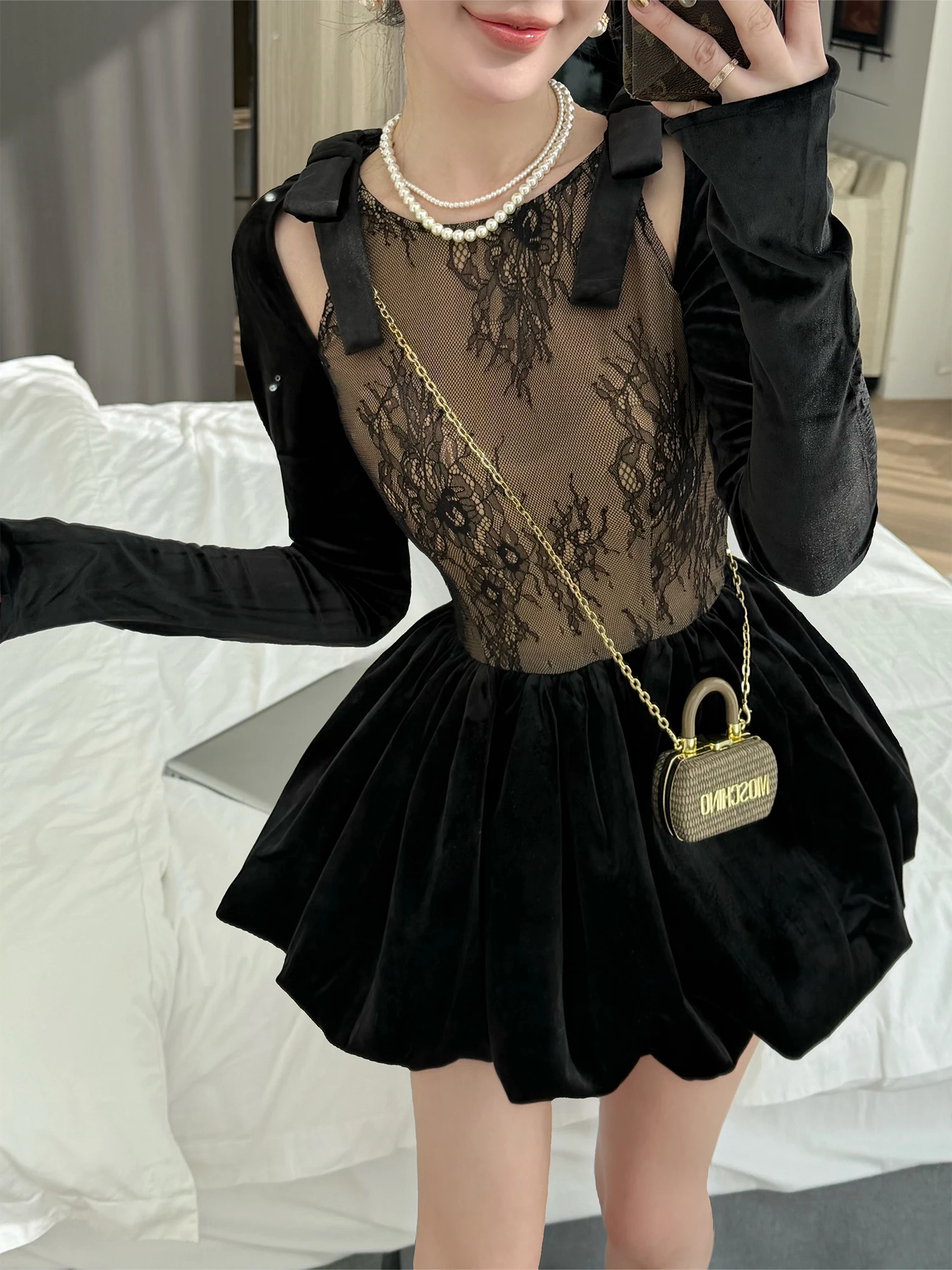 

Женское ретро-платье с пышными рукавами, кружевными вставками и узлами, с шортами, из полиэстера, для повседневной носки, с длинными рукавами