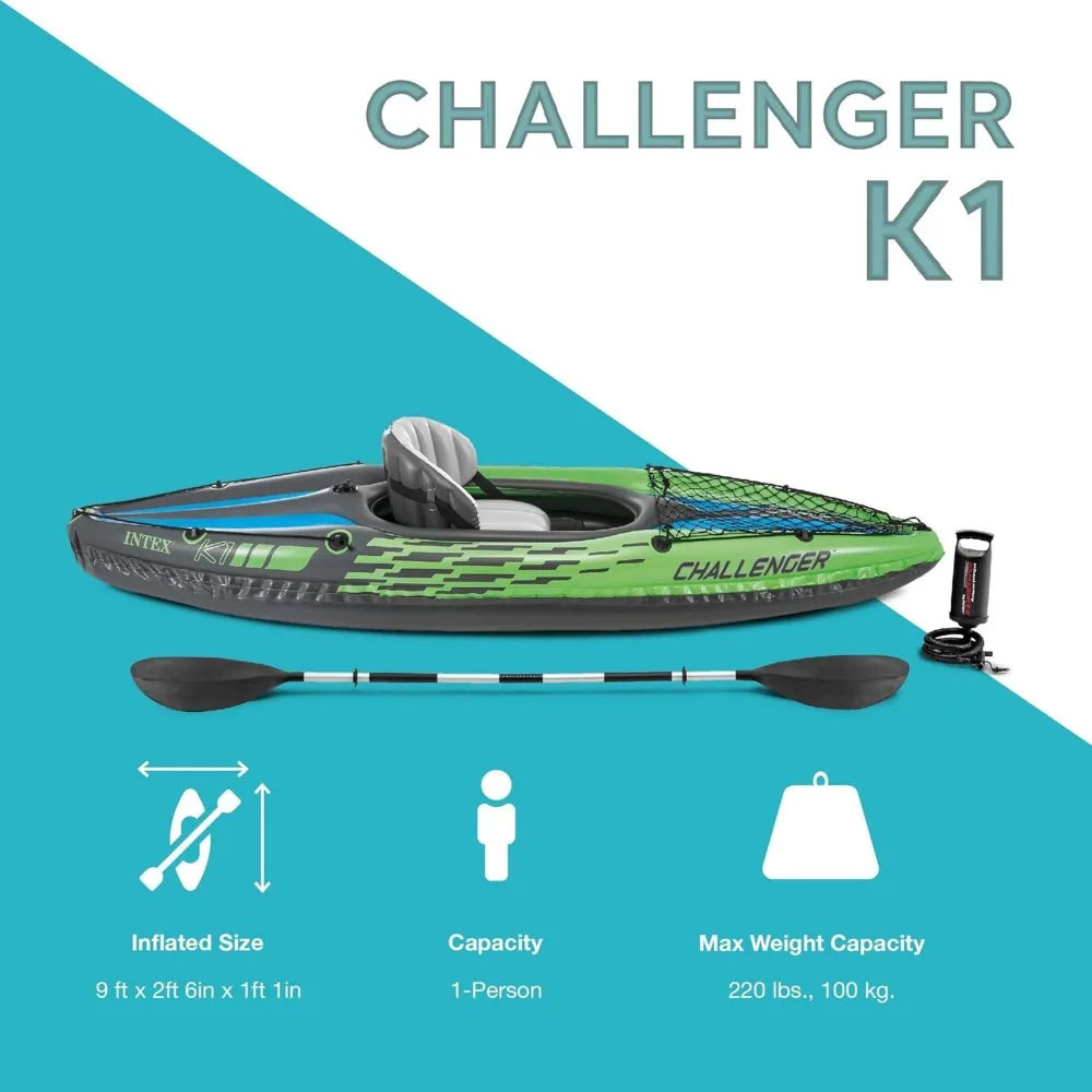 Challenger K1 1 Orang Kayak Sporty Ramping Vinil Tahan Lama dengan Kursi dan Sandaran Tiup, Dayung, Pompa, Tas Jinjing