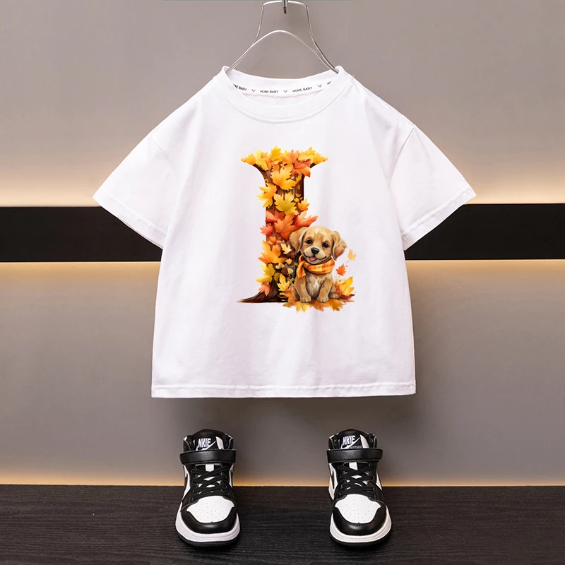 Maple Leaves Letter I Children T-shirt Kawaii Clothes for Girls T Shirt Anime Cartoons Casual Kid Boy Short Sleeve Tops New 2024