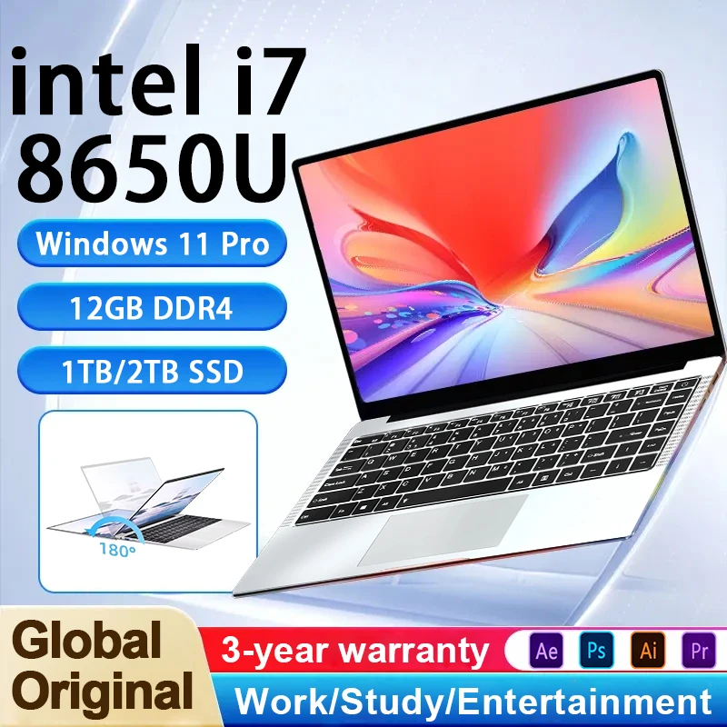 

14.1 inch Slim Laptop Intel i7 8650U Windows 11 Pro 12GB RAM 512GB 1TB SSD 1920*1080 180°Flip Office Study Notebook Computer PC