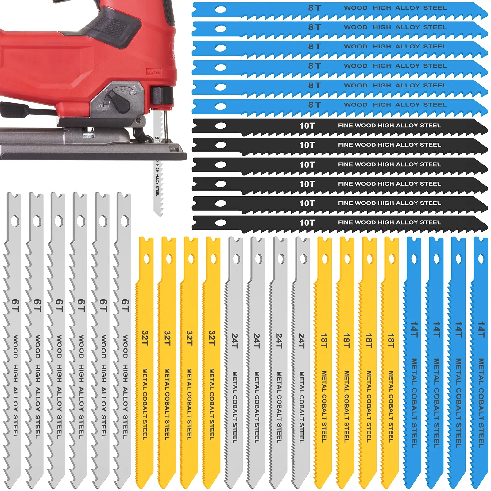 14-34Pcs Jig Saw Blade Set High Carbon Steel Assorted Saw Blades with U-shank Sharp Fast Cut Down Jigsaw Blade Woodworking Tool