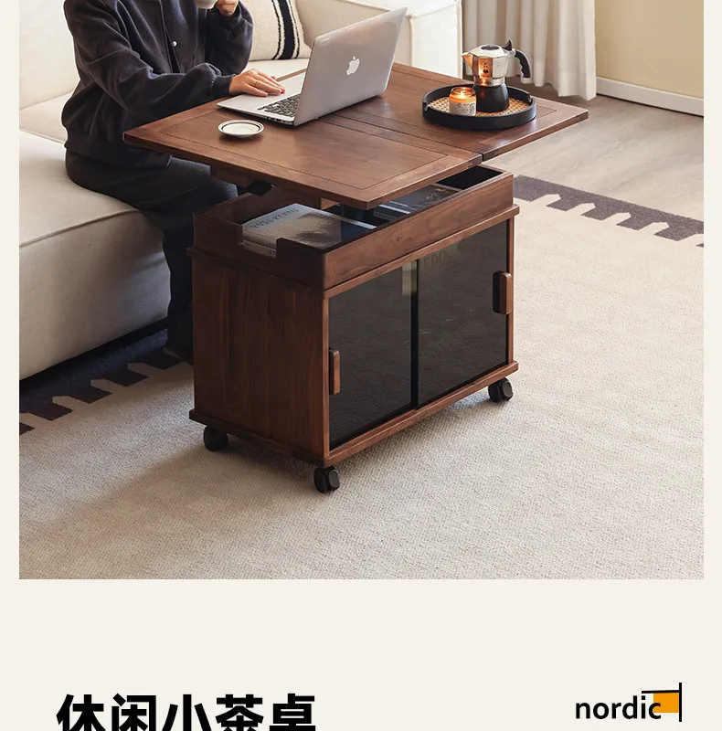 Lifting coffee table Solid wood folding movable trolley Small apartment sofa side table