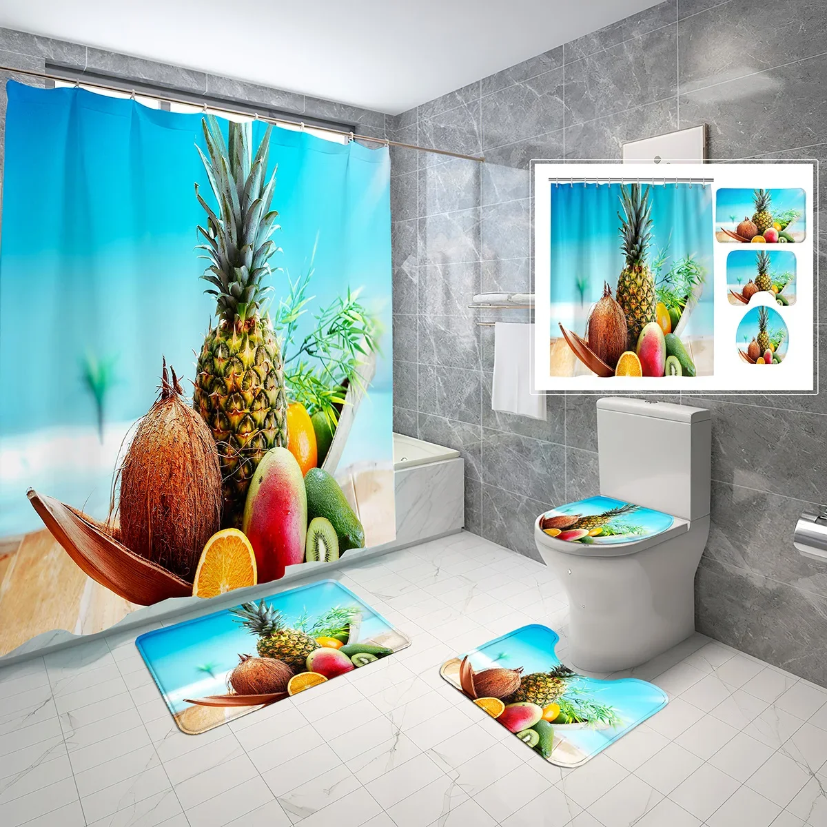 

Healthy Fruit Shower Curtain Set Pineapple Coconut Kiwi 4 Pcs Shower Curtain Bathroom Non-Slip Bath Mat Toilet Cover Curtain Set