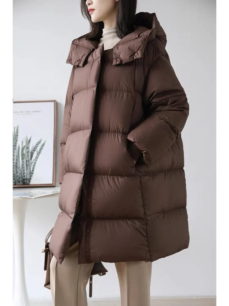 Windproof Hooded Long Down Coats 2024 Winter New Fashion 90% White Duck Down Woman Coat Thick Warm Loose Puffer Coat Outwear