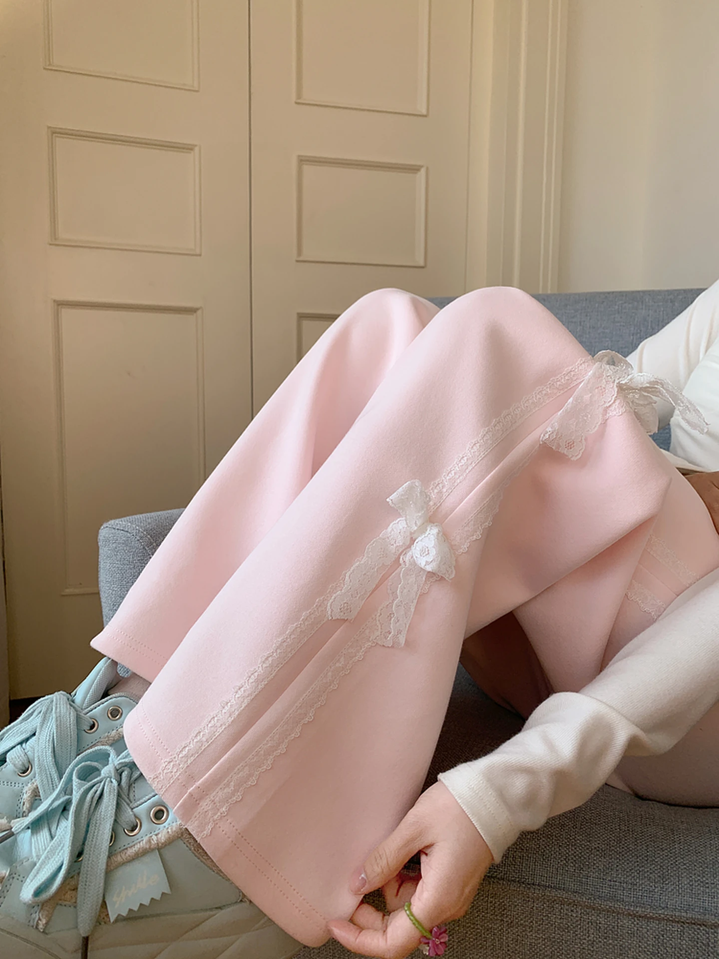 Sweet Style High Waist Drapey Pink Wide Leg Pants Casual Trousers Women's New Spring Lace Splicing Design Sensation Casual Pants