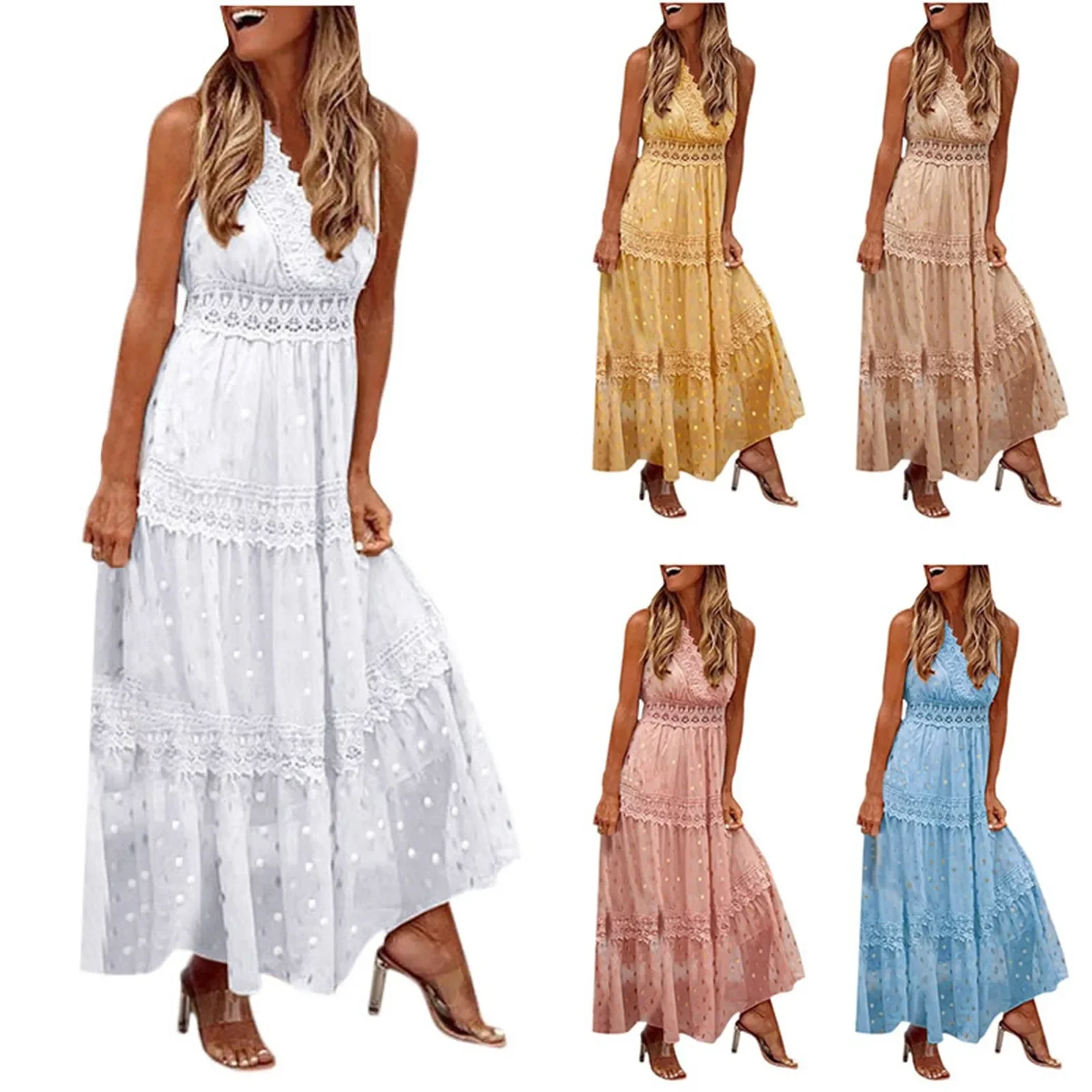 Elegant Lace Stitching Long Dress Women Summer Sexy Backless Sleeveless Ruffle Beach Dress Fashion V Neck Dresses 2024