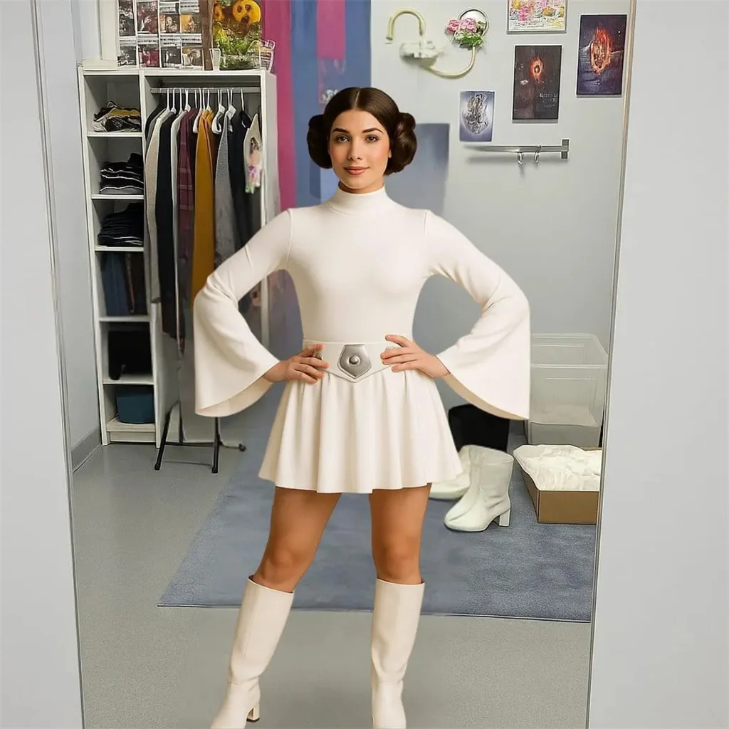 

In Stock Inspired Galaxy Princess Leia Cosplay Dress Women's Leia White Battle Costume Carnival Role Play Gown