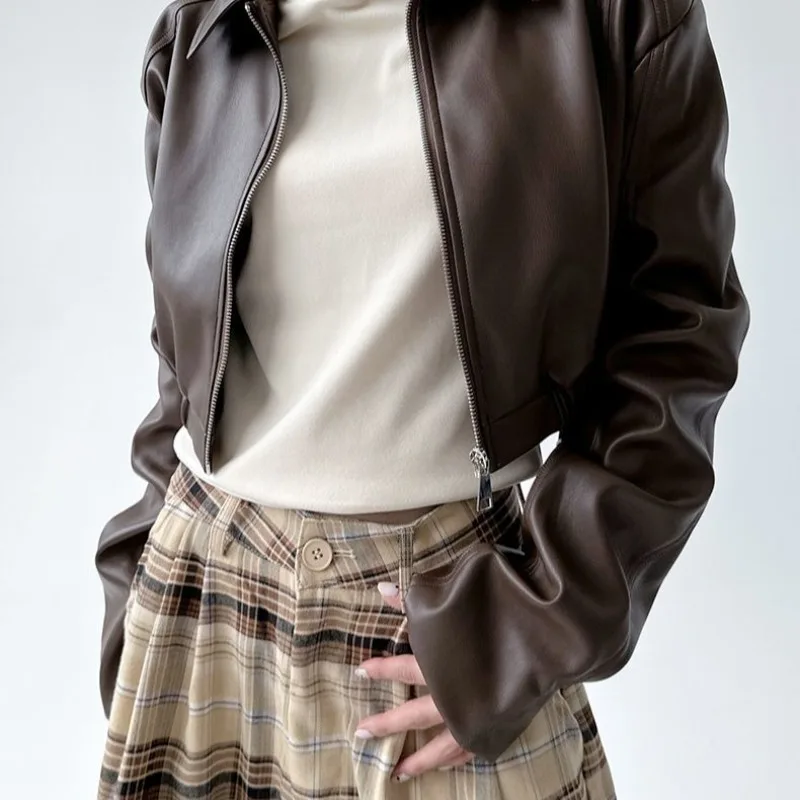 Y2k Women's Clothing Retro Long Sleeves Turn-down Collar Leather Jacket Coat Spring Autumn Sweet Cool Girl Jacket Short Top