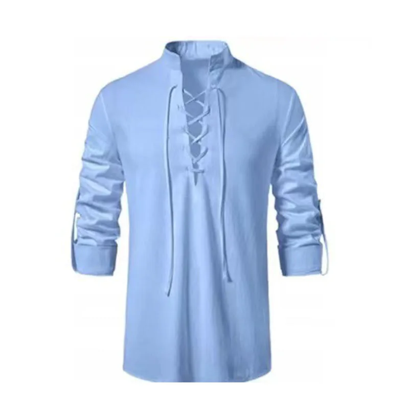 중세 의류 르네상스 코스프레 의상, 바이킹 해적 상의 셔츠, 캐주얼 블라우스, 레이스업, 멋진 남성 할로윈 원피스