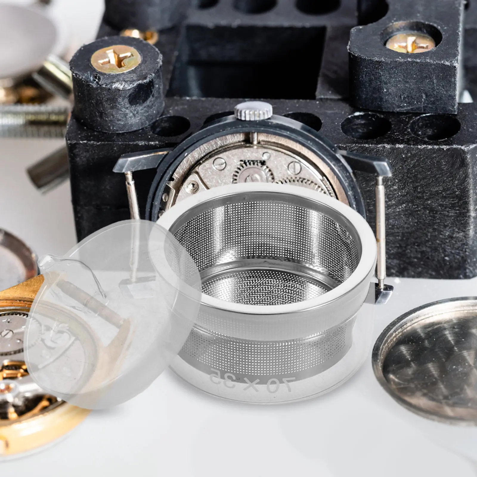 1Set Watchmaker Oil Cup Glass Container Stainless Steel Mesh Filter Watch Repair Maintenance Tool for Horology Lubricant Storage