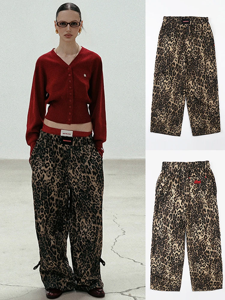 Sexy Leopard Print Embroidered Loose Casual Dancing Wide Leg Pants American Style for Women Trendy Straight Cut Trousers