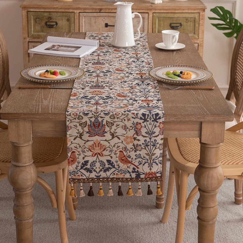 Botanical Theme Jacquard Table Featuring Intricate Vine and Songbird Motif Double-Layer Polyester Cotton Construction