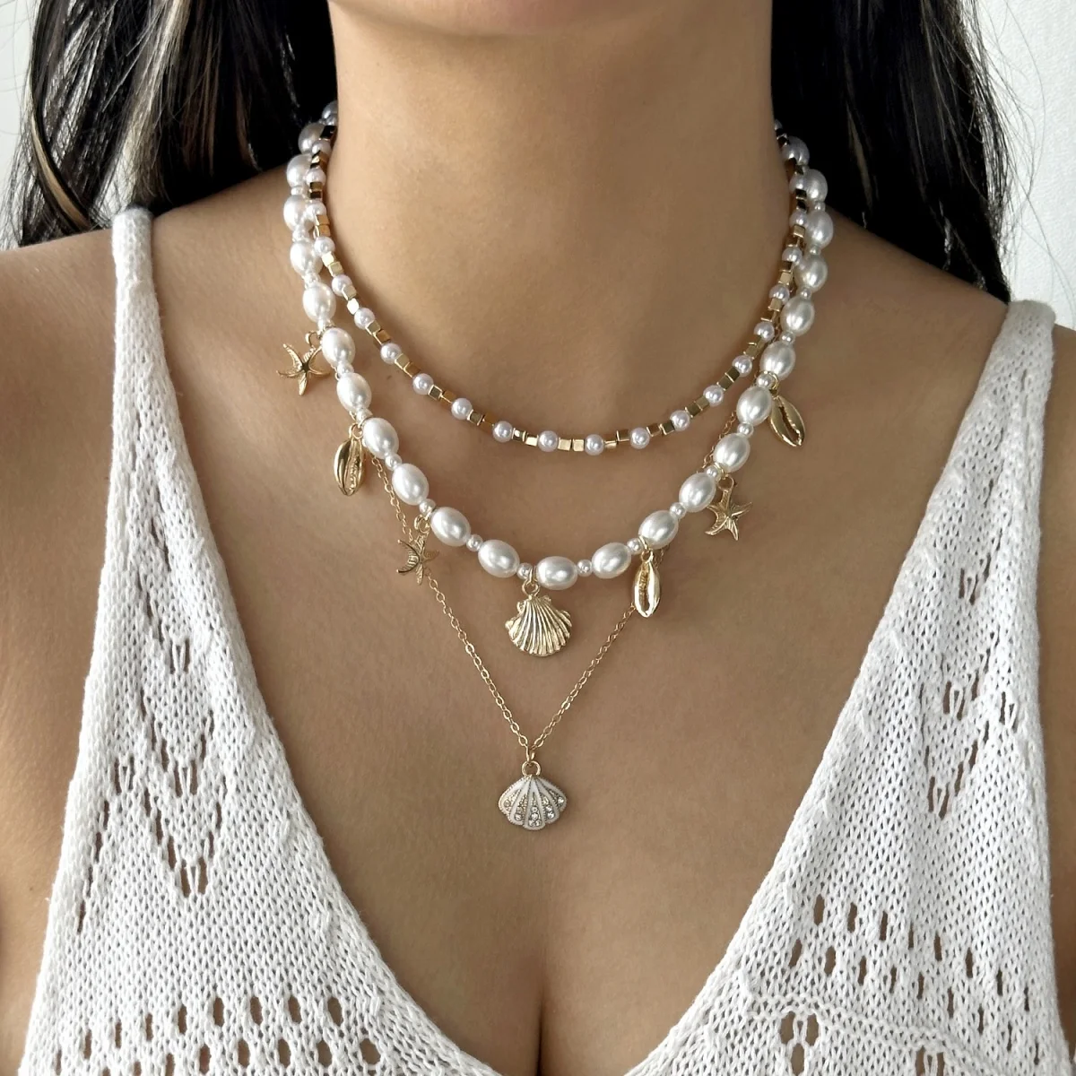 Mehrlagige Halskette mit imitierten Perlen, Herzanhänger aus weichem Ton, Muschel- und Seesternanhänger für Damen und Herren, Sommer-Muschel-Choker, Schmuckgeschenk – Detail 8