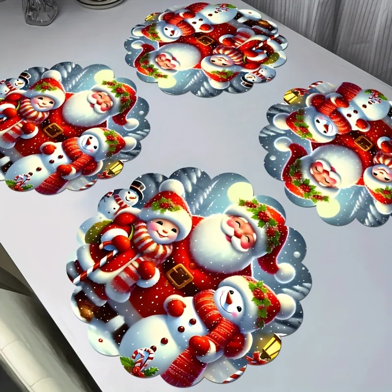 VIKAMA Round Scalloped Christmas Placemats Festive Snow Linen Mats Non-Slip Heat Resistant for Xmas Party Dining Table Decor