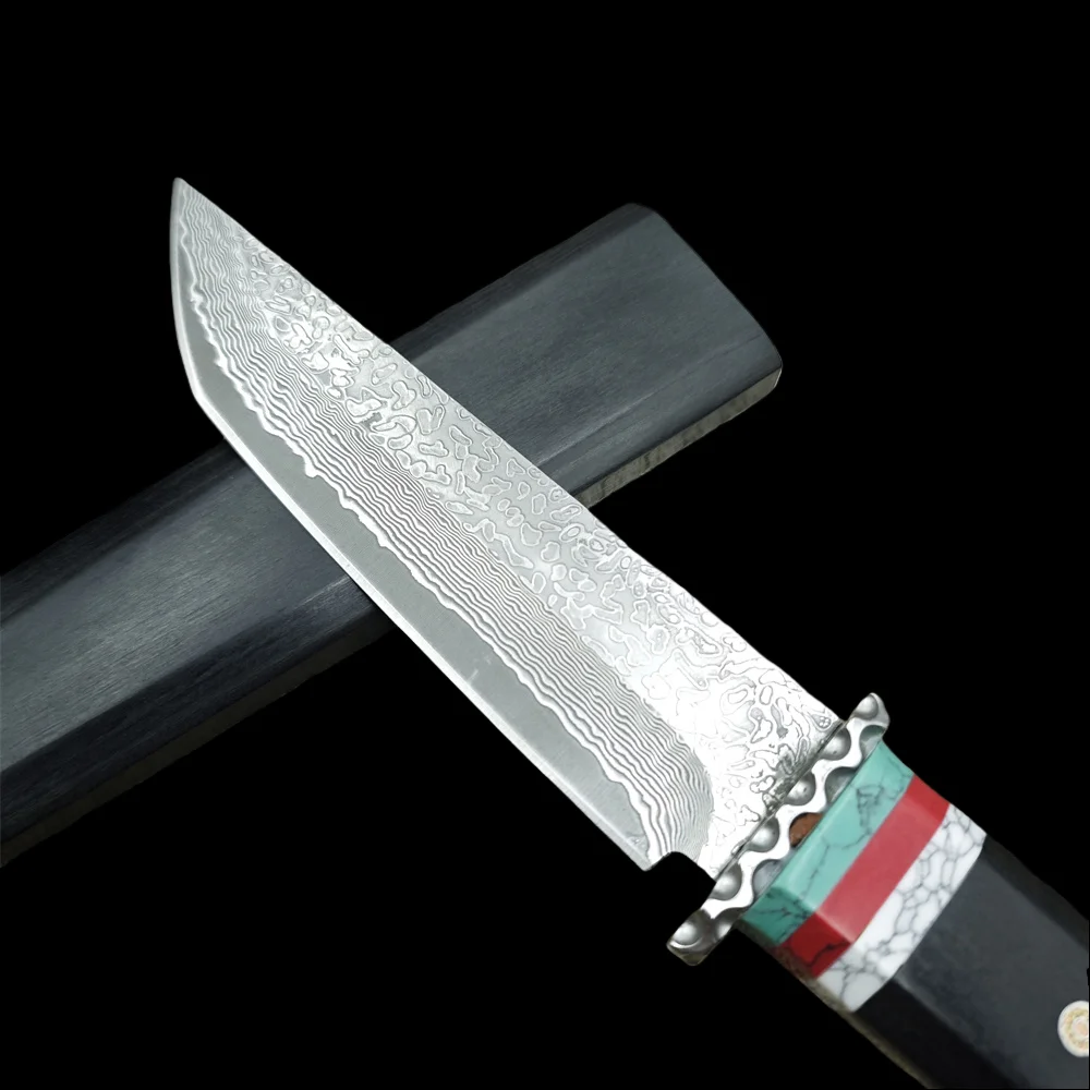 Damasco balde ébano alças faca de caça tática com bainha de madeira, ferramentas edc de acampamento ao ar livre com caixa de presente