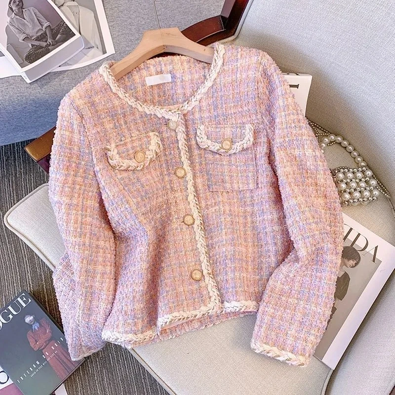 2023NewSpring Autumn Women Tweed Jacket High quality Long Sleeve Single-Breasted Short Coat Female Elegant Outerwear Ladies Tops