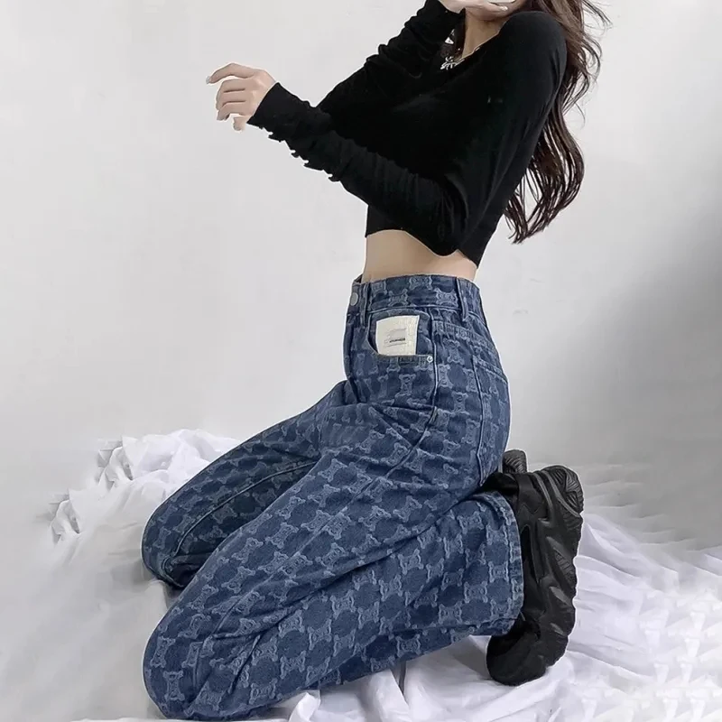 Vintage Blue Letter Embroidery Y2k Baggy Jeans Women American Style Streetwear Denim Trouser High Waist Jacquard Pattern Pants