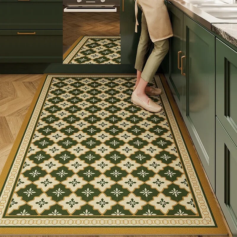 Kitchen Carpet Pvc Waterproof Non-slip Floor Mat Retro American Style Home Decoration Rug Plaid Plant Flower Anti-oil Carpets