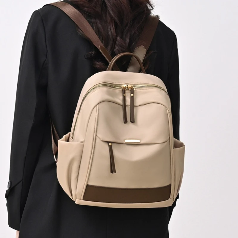 Women Color Block Nylon Anti-Theft Backpack Large Capacity Travel Daypack Light School Commute Multi Pocket Shoulder Bag