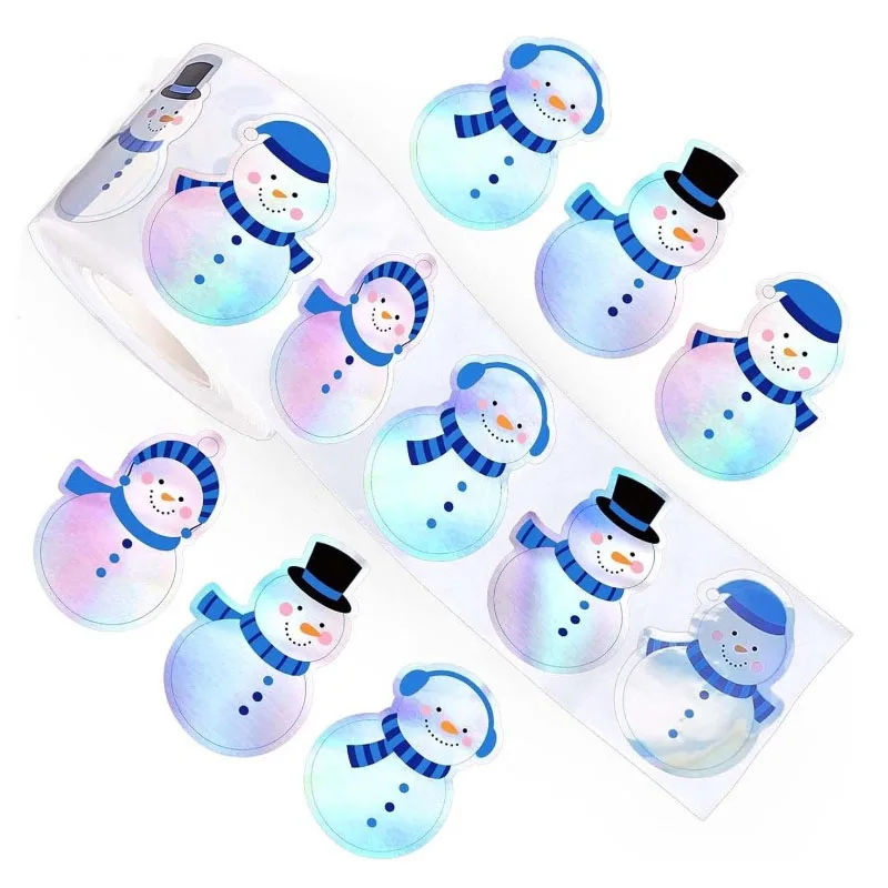 500 قطعة ملصقات رجل الثلج الشتوية لفة ملصقات الليزر المجسم عيد الميلاد الكرتون الشارات للأطفال المغلف ختم ديكور إمدادات الحفلات #1