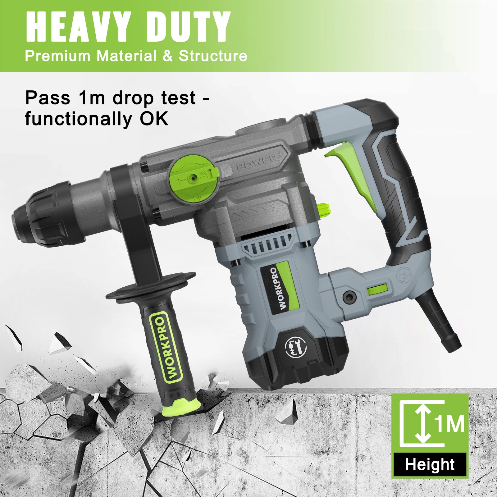 WORKPRO  12.5 AMP Heavy Duty Rotary Hammer Drill for Concrete 32mm MAX, Steel 13mm MAX,Wood 42mm MAX.